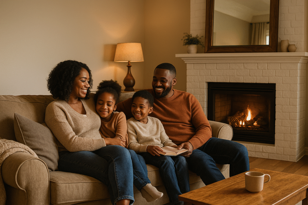 family sitting by the fire