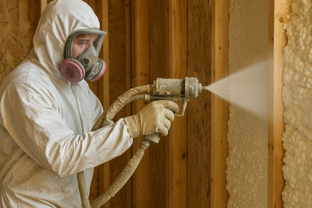 employee spraying the foam