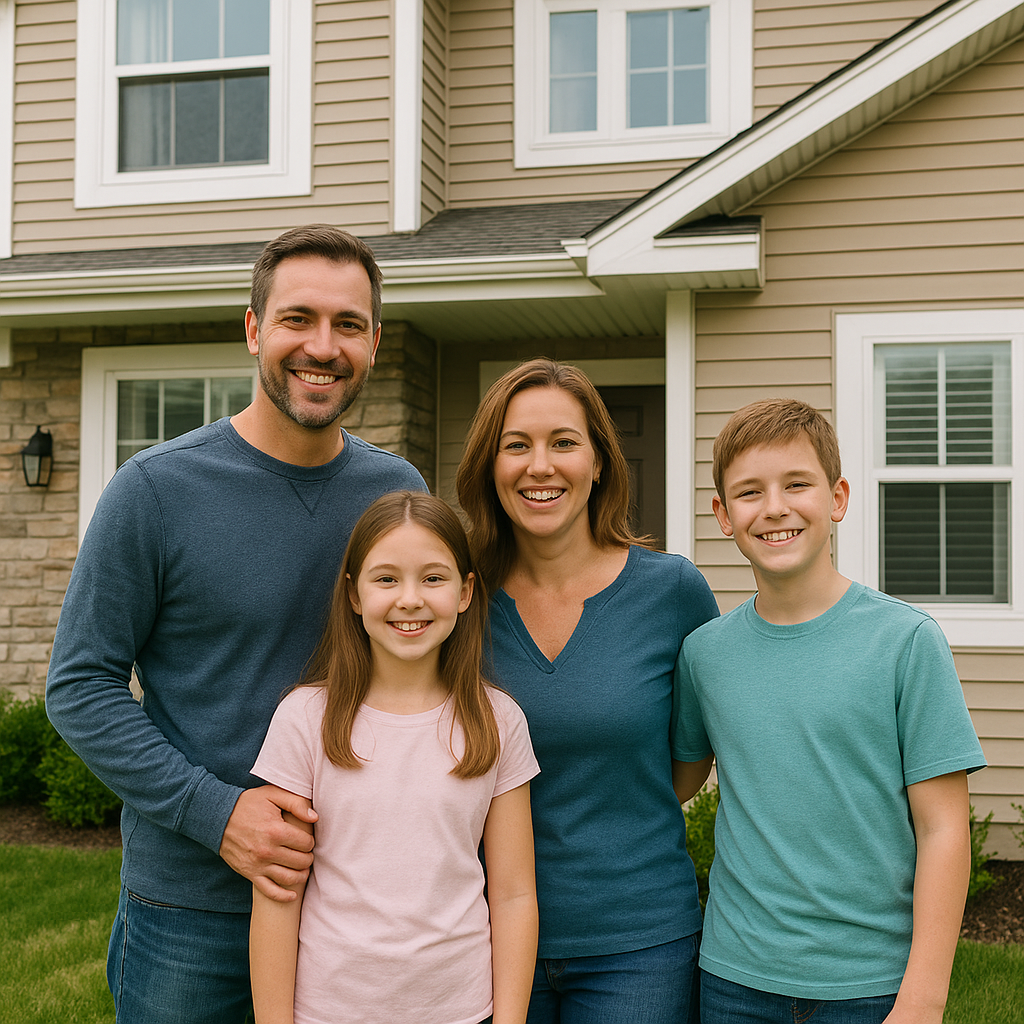 family standing in front of their house
